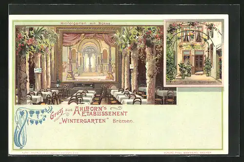 Künstler-AK Bremen, Gasthof Ahlborn, Wintergarten mit Bühne, Innenansicht, Eingang