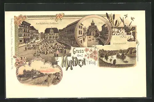 Lithographie Minden i. W., Bahnhof, Marktplatz mit Rathaus, Dom