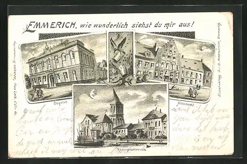 Wirtshaus-Lithographie Emmerich, Sozietät und Altenmarkt aus der Sicht eines Betrunkenen