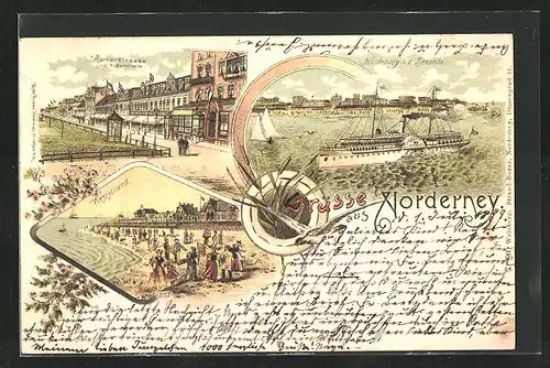 Lithographie Norderney, Kaiserstrasse von Südwesten, Dampfer Najade, Weststrand