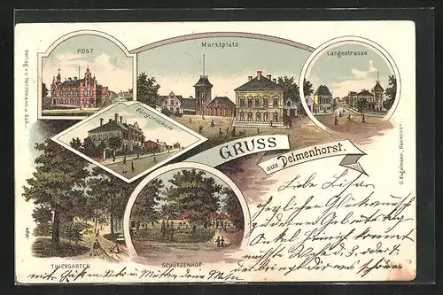 Lithographie Delmenhorst, Gasthaus Schützenhof, Langestrasse, Bürgerschule