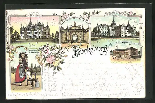 Lithographie Bückeburg, Kaserne, Fürstl. Neues Palais, Bauernmädechen in Tracht