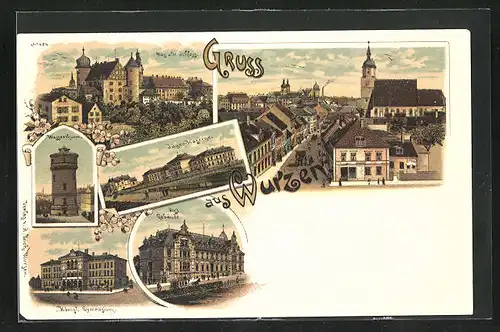 Lithographie Wurzen, Jäger-Kaserne, Wasserthurm, Post