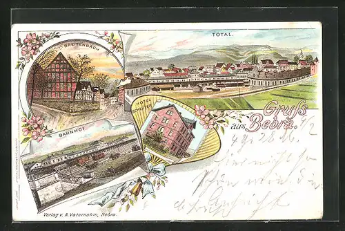 Lithographie Bebra, Hotel Schlüter, Bahnhof, Breitenbach