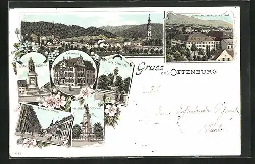 Lithographie Offenburg, Bahnhofstrasse, Drake-Denkmal, Lehr- und Erziehungs-Institut