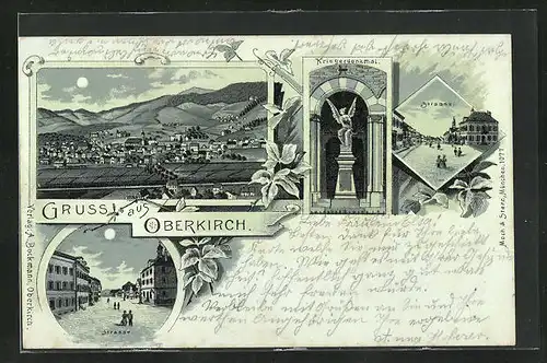 Mondschein-Lithographie Oberkirch, Strasse, Kriegerdenkmal, Ortsansicht