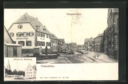 AK Friesenheim, Hauptstrasse mit Bierbrauerei Neff, Kirche und Rathaus