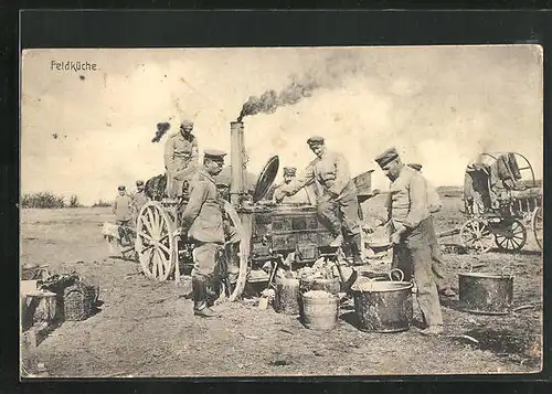 AK Soldaten in Uniform an der Feldküche