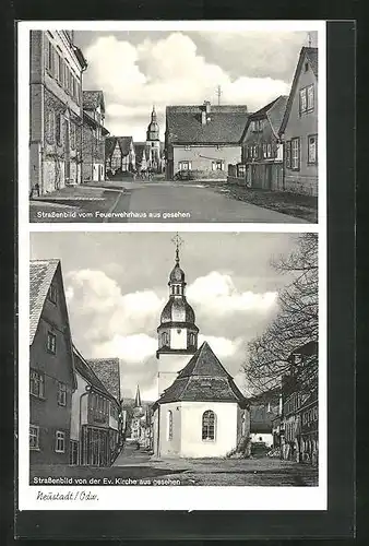 AK Neustadt /Odw., Strassenbild vom Feuerwehrhaus gesehen, Ev. Kirche