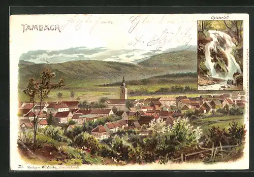 Lithographie Tambach, Spitterfall, Ortsansicht aus der Vogelschau