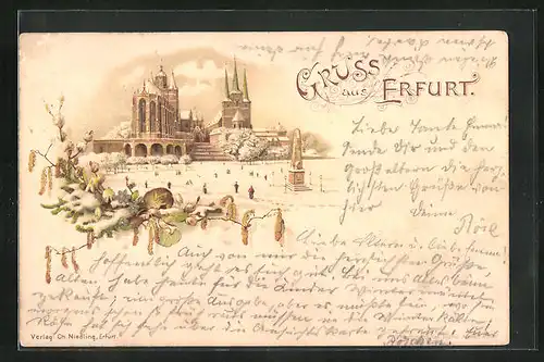 Lithographie Erfurt, Severikirche und Dom