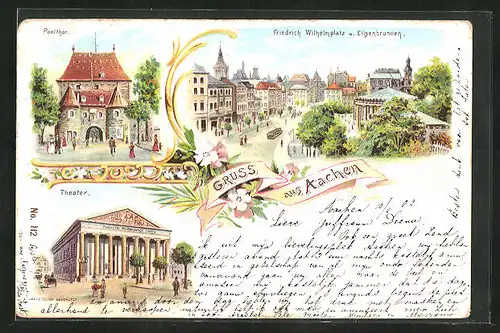 Lithographie Aachen, Pontthor, Theater, Friedrich Wilhelmplatz und Elisenbrunnen