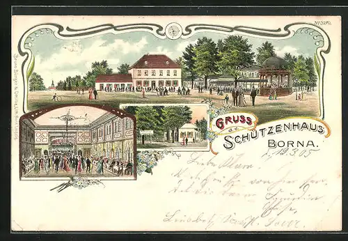Lithographie Borna, Gasthof Schützenhaus, Saal, Garten