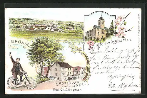 Lithographie Pfaffenwiesbach, Gasthaus zur Linde, Bes. Chr. Stephan, Ortsansicht