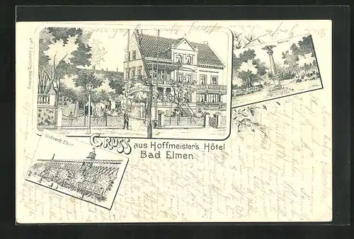 Lithographie Bad Elmen, Hotel Hoffmeister, Gradirwerk