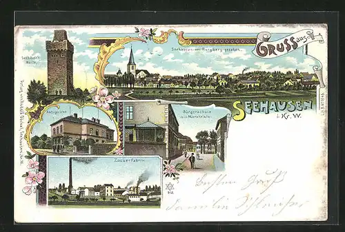 Lithographie Seehausen /Kr. W., Amtsgericht, Zuckerfabrik, Seehäuser Warte
