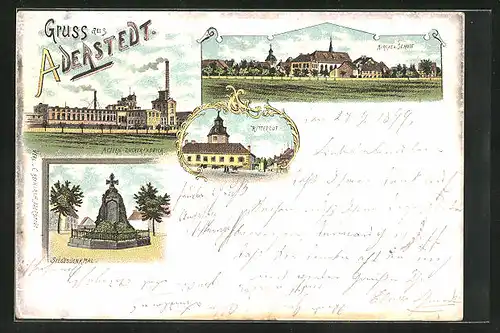 Lithographie Aderstedt, Actien Zuckerfabrik, Rittergut, Siegesdenkmal