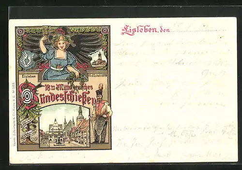 Passepartout-AK Eisleben, 18. Mitteldt. Bundesschiessen 1899, Marktplatz, Schützenverein