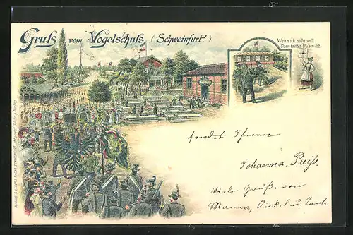 Lithographie Schweinfurt, Vogelschuss, Einzug der Schützen, Schiessstand