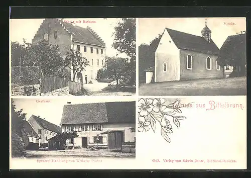 AK Bittelbrunn, Gasthaus, Spezerei-Handlung v. Wilhelm Probst, Schule mit Rathaus, Kirche