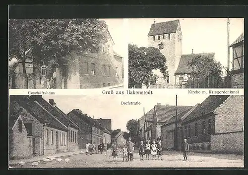 AK Hakenstedt, Kirche, Kriegerdenkmal, Dorfstrasse