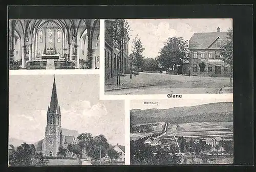 AK Glane, Ortsansichten mit Kirche und Blick vom Dörnberg