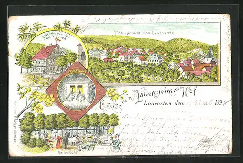 Lithographie Lauenstein, Gasthaus Lauensteiner Hof mit Weinstube und Gartenlocal