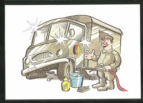 AK Soldat der NVA wäscht seinen Wagen
