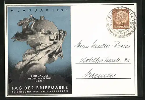 AK Bern, Tag der Briefmarke Reichsbund der Philatelisten 1938, Denkmal des Weltpostvereins, Ganzsache