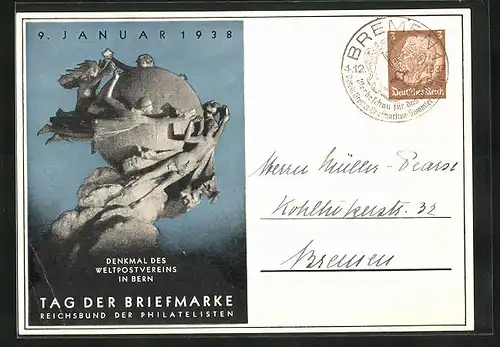 AK Bern, Tag der Briefmarke Reichsbund der Philatelisten 1938, Denkmal des Weltpostvereins, Ganzsache