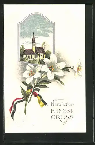 AK Pfingstgruss mit Kirche und Blumen