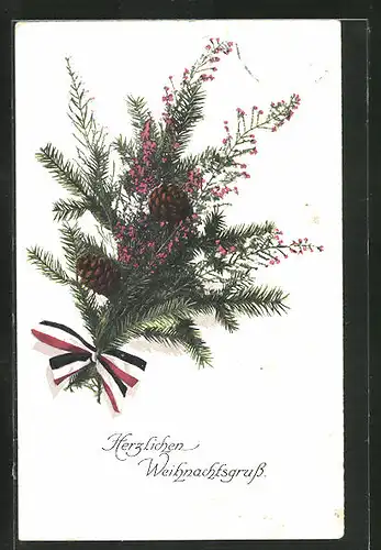 AK Weihnachtsgruss mit Blumen und Tannenzweigen