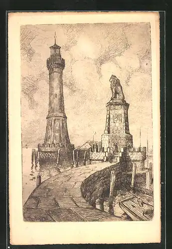 Künstler-AK Lindau i. B., Hafeneinfahrt mit Leuchtturm