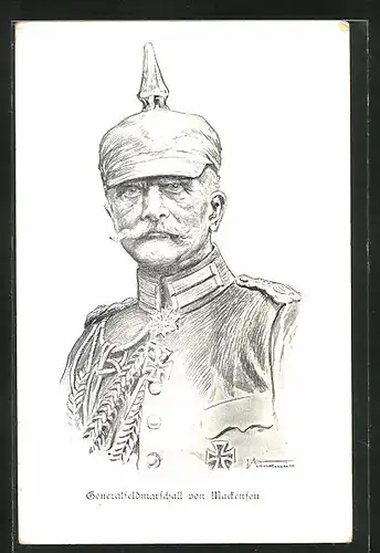 Künstler-AK Generalfeldmarschall von Mackensen in Uniform mit Pickelhaube