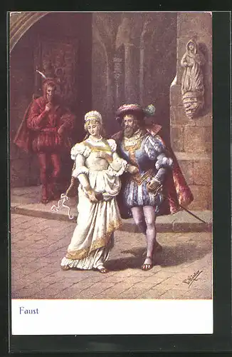 Künstler-AK Szene aus Goethes Faust, Faust und Gretchen, Mephisto im Hintergrund