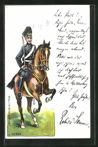 Künstler-AK Kavallerist in Uniform paradiert mit gezogenem Säbel