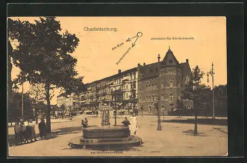 AK Berlin-Charlottenburg, Akademie für Kirchenmusik Ecke Hardenbergstrasse /Am Knie mit Streichelbrunnen