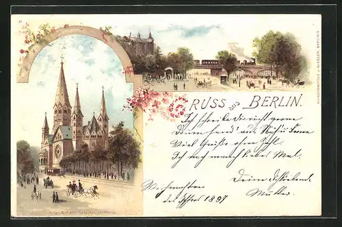 Lithographie Berlin-Tiergarten, Kaiser-Wilhelm-Gedächtnis-Kirche, Strassenpartie mit Eisenbahn