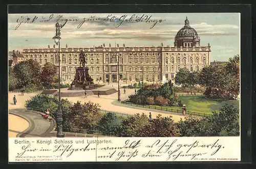 Lithographie Berlin, Königliches Schloss mit Denkmal und Lustgarten