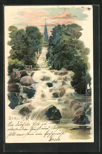 Lithographie Berlin-Kreuzberg, Victoria Wasserfall im Victoria Park