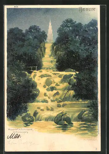 Lithographie Berlin-Kreuzberg, Wasserfall im Victoriapark bei Beleuchtung