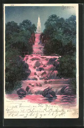 Lithographie Berlin-Kreuzberg, Wasserfall im Victoriapark bei Beleuchtung