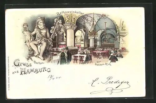 Lithographie Hamburg, Gasthaus Rathsweinkeller zur bunten Kuh mit Bachus