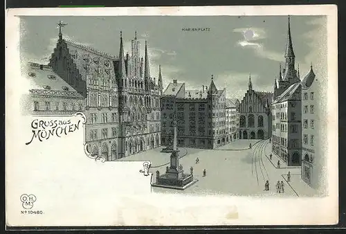 Mondschein-Lithographie München, Der Marienplatz im Mondschein