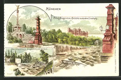 Lithographie München, Prinz Regenten-Brücke und Bogenhausener Brücke nach dem Einsturz