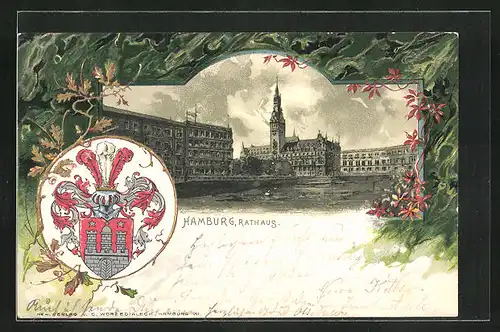 Passepartout-Lithographie Hamburg, Blick zum Rathaus, Wappen