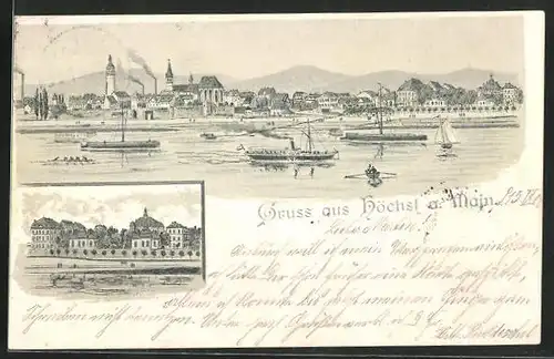 Lithographie Frankfurt-Höchst, Dampfer auf dem Main, Stadt-Panorama