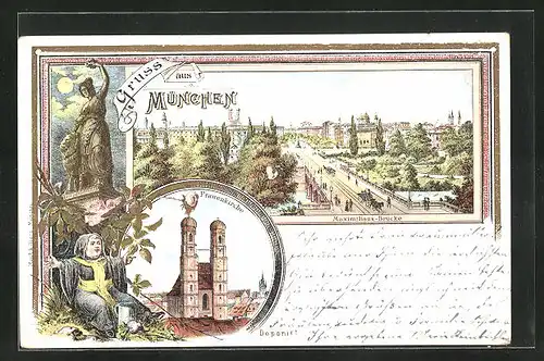 Lithographie München, Maximilians-Brücke, Frauenkirche