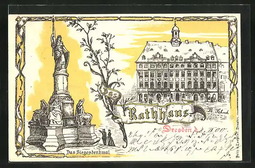 Lithographie Dresden, Rathaus, Kriegerdenkmal