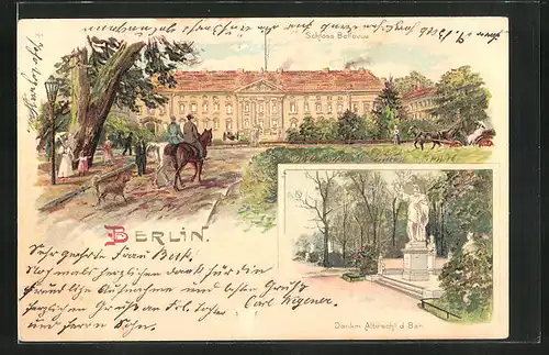 Lithographie Berlin-Tiergarten, Schloss Bellevue, Denkmal Albrecht der Bär